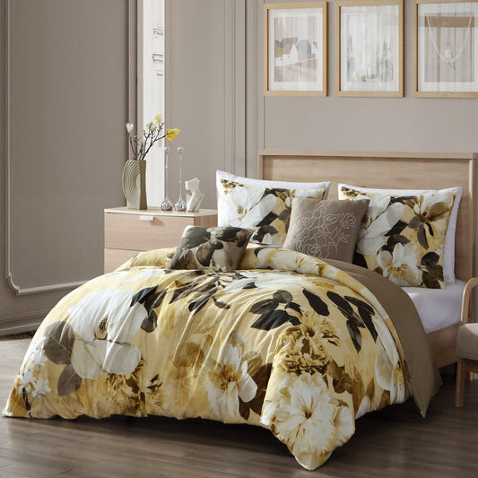 Yellow Magnolia 100% Cotton 5 Piece Reversible Comforter Set