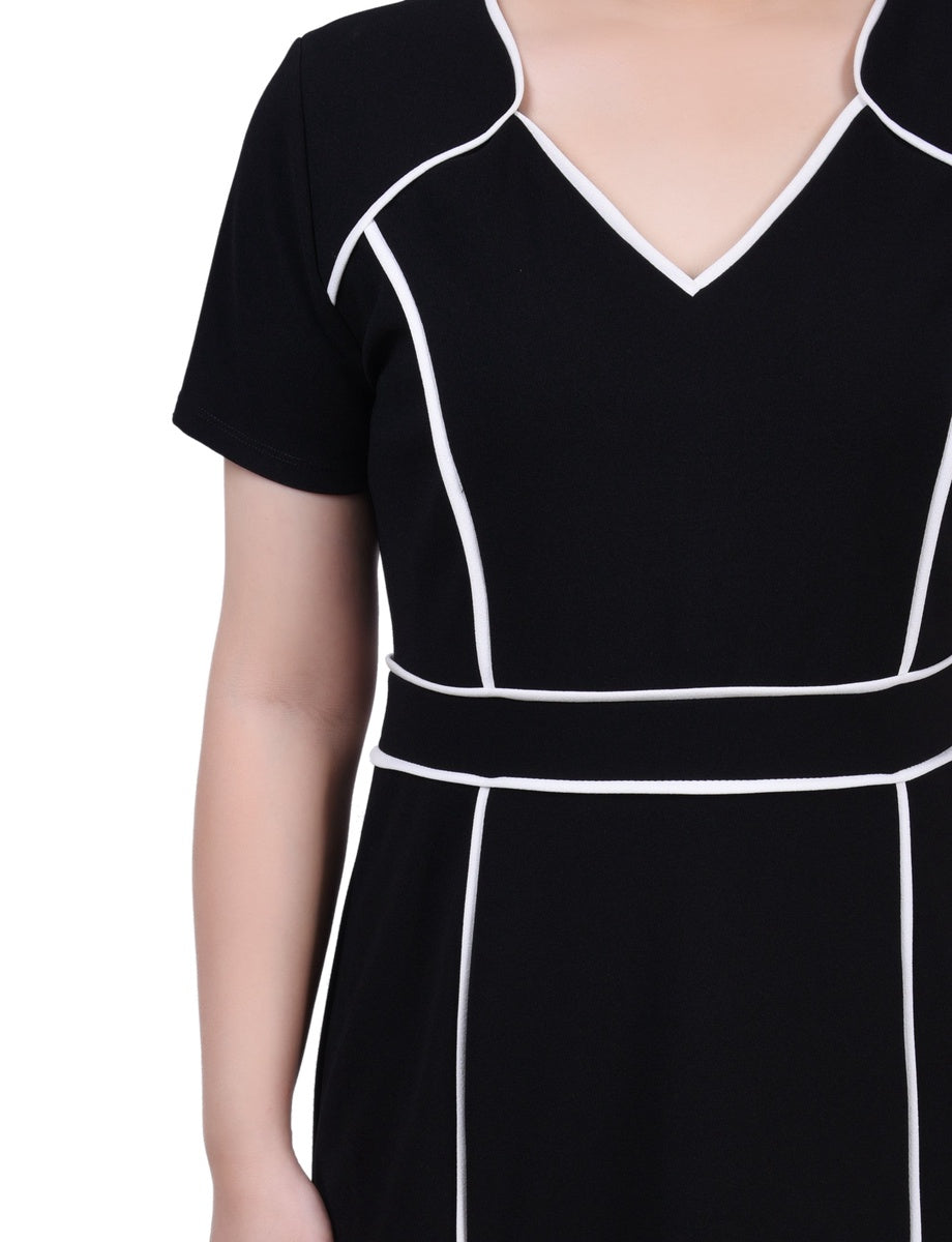  NY Collection Short Sleeve Piped Detail Dress - Black White - Bonton