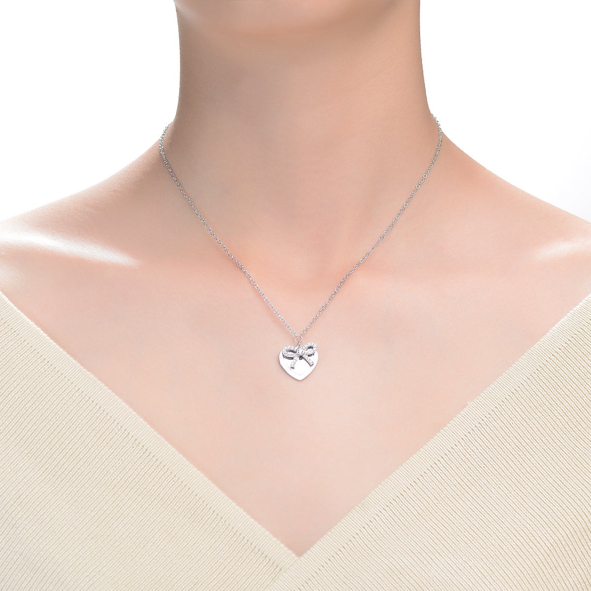  Rachel Glauber Chic White Gold Plated Bow Tie on Heart Shaped Pendant - Default Title - Bonton