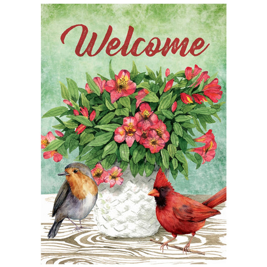 Welcome Cardinal Bird and Spring Bouquet Flag 28" X 40"