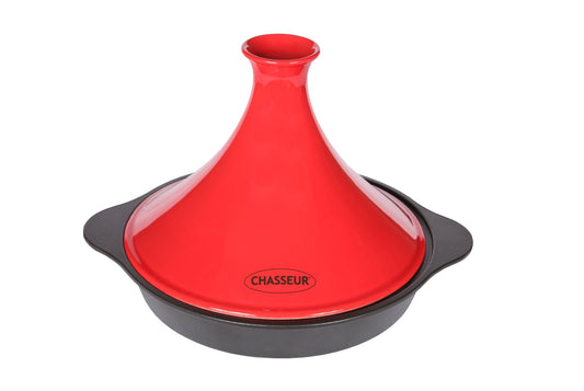 French Enameled Cast Iron Tajine With Ceramic Cone Lid, 12-Inch Diameter, Red