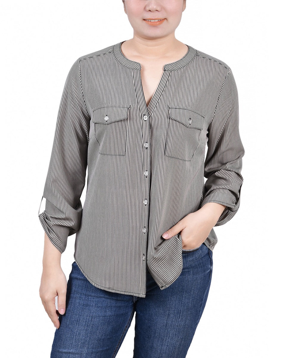 NY Collection Petite 3/4 Sleeve Roll Tab Y Neck Blouse - Black White Abstract - Bonton