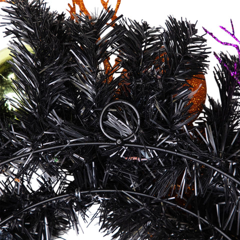 Jack-O-Lantern in Witches Hat Halloween Pine Wreath  24-Inch  Unlit