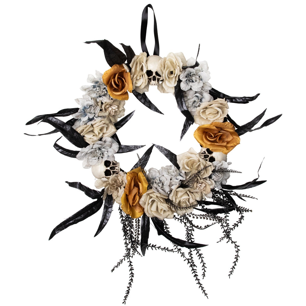  Northlight Skulls With Roses Halloween Foliage Wreath - 14