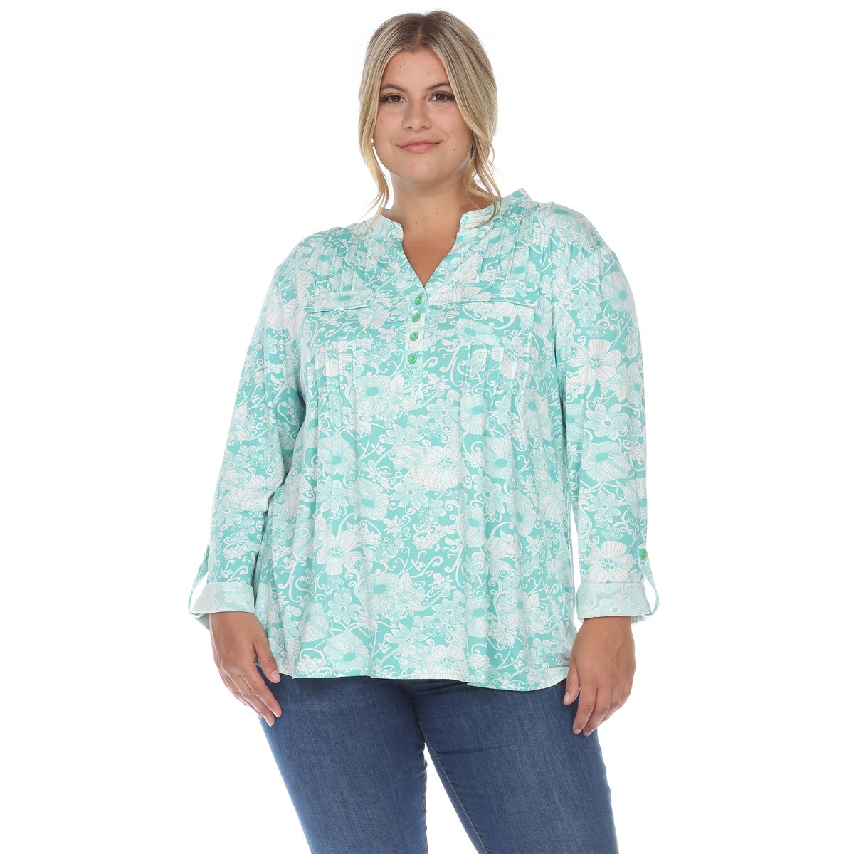  White Mark Plus Size Pleated Long Sleeve Floral Print Blouse - 1X - Bonton