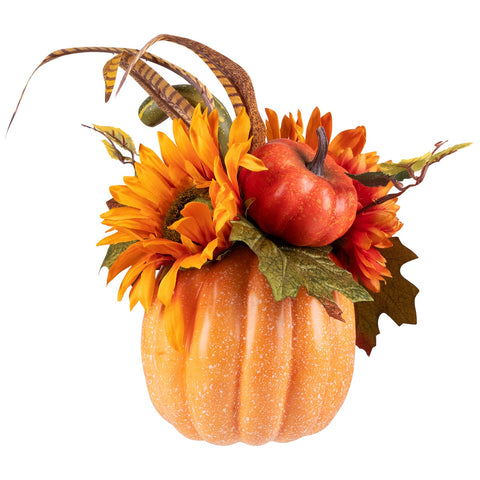 Sunflower and Mum Filled Pumpkin Thanksgiving Decoration - 14.75" - Yellow