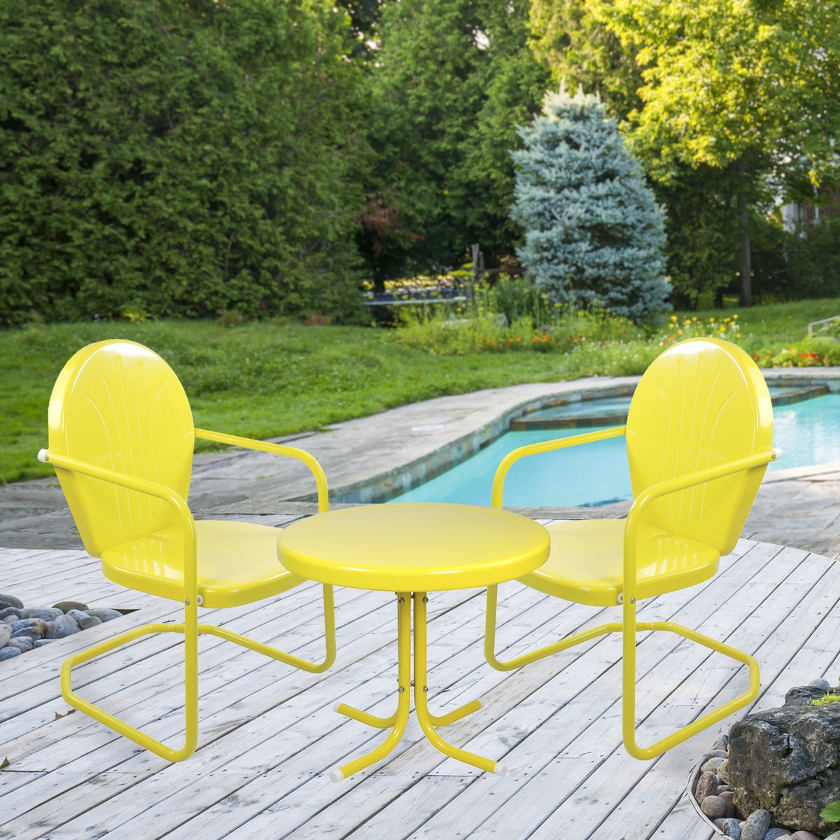  Northlight 3-Piece Retro Metal Tulip Chairs and Side Table Outdoor Set  Yellow - Yellow - Bonton