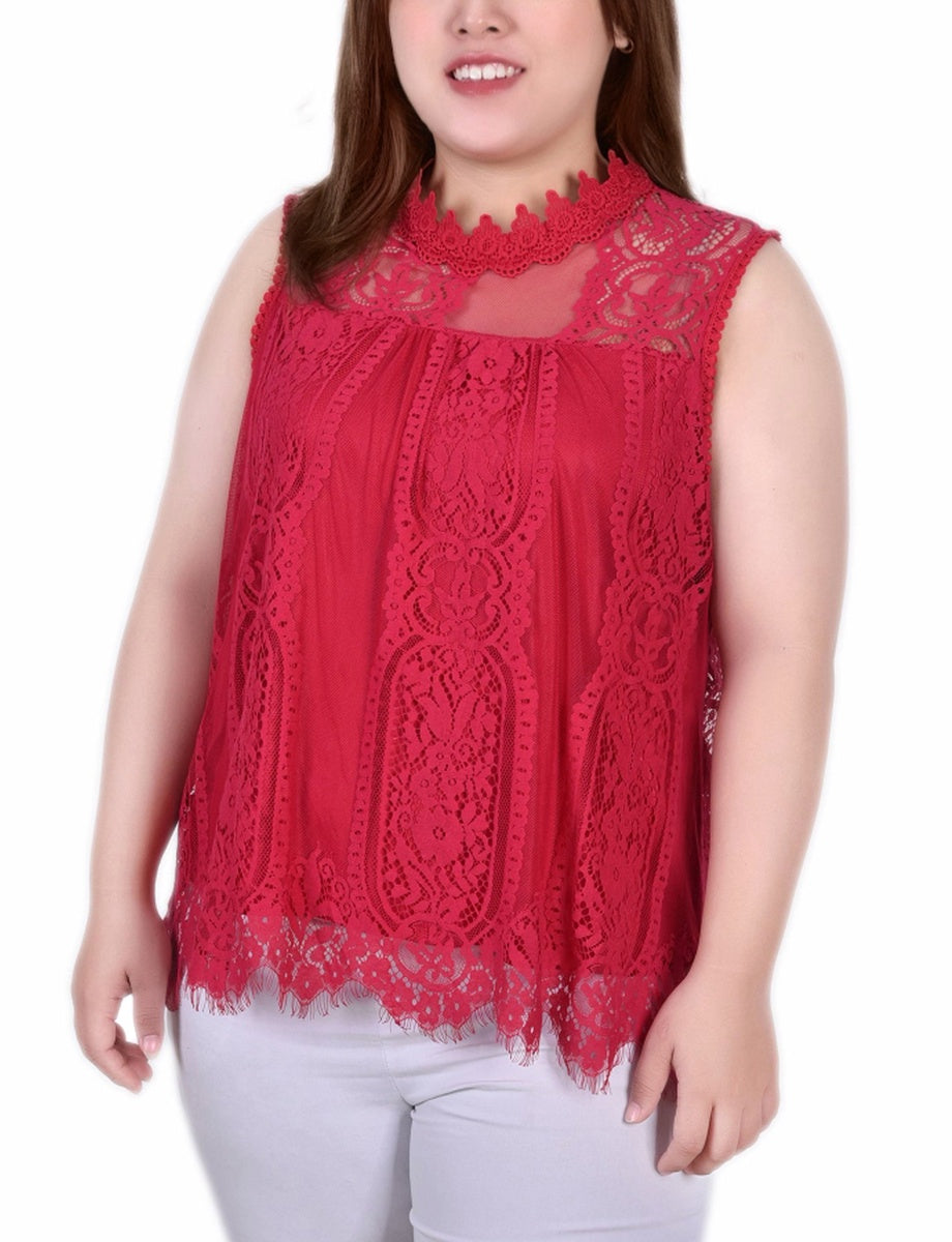  NY Collection Plus Size Sleeveless Mock Neck Lace Top - Black Nude - Bonton