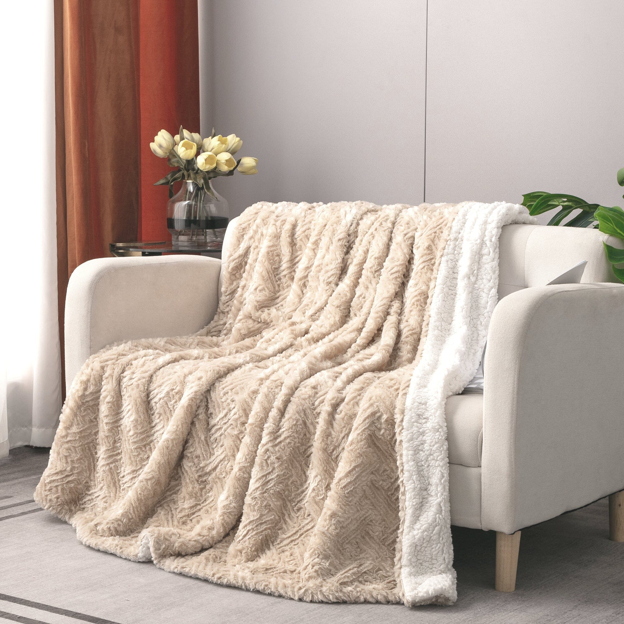  DaDa Bedding Collection DaDalogy Bedding Champagne Ivory Faux Fur Throw Blanket - Dreamy Gold Geometric Embossed Sherpa Backside - Super Soft Warm Cozy Plush Fluffy by DaDa Bedding Collection - 90
