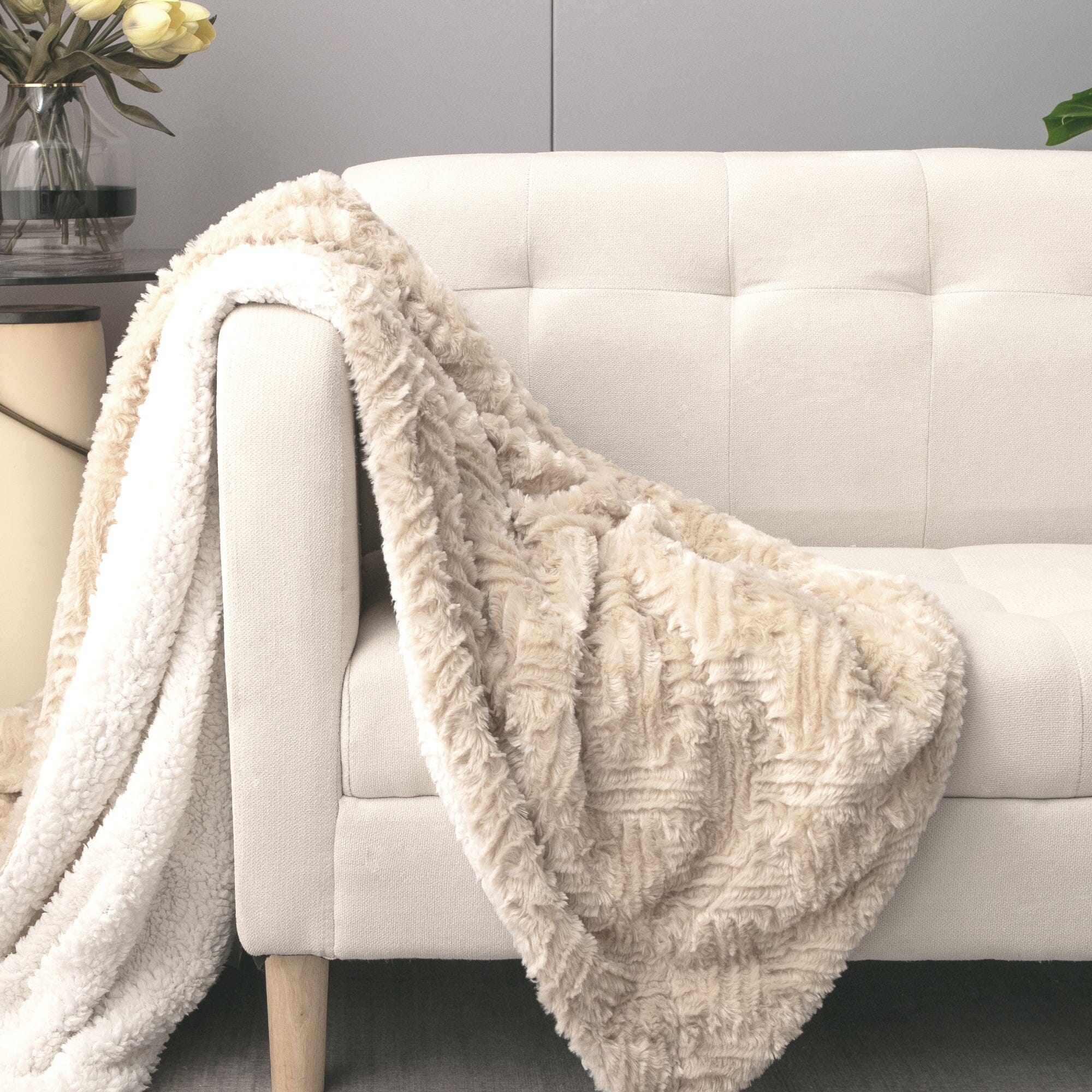  DaDa Bedding Collection DaDalogy Bedding Champagne Ivory Faux Fur Throw Blanket - Dreamy Gold Geometric Embossed Sherpa Backside - Super Soft Warm Cozy Plush Fluffy by DaDa Bedding Collection - 90