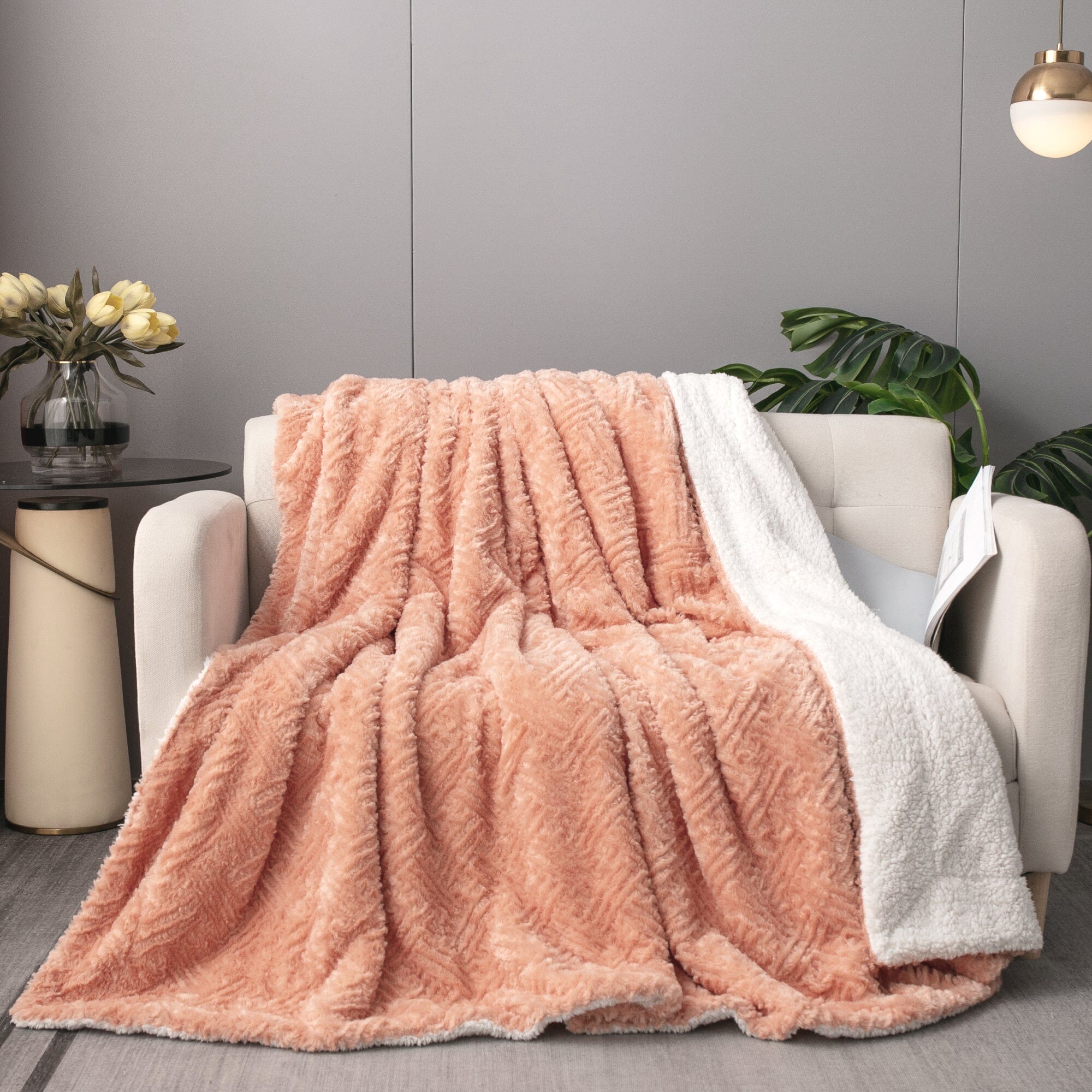  DaDa Bedding Collection DaDa Bedding Coral Peach Rose Faux Fur Throw Blanket - Dreamy Geometric Embossed Sherpa Backside - Super Soft Warm Cozy Plush Fluffy by DaDa Bedding Collection - 90