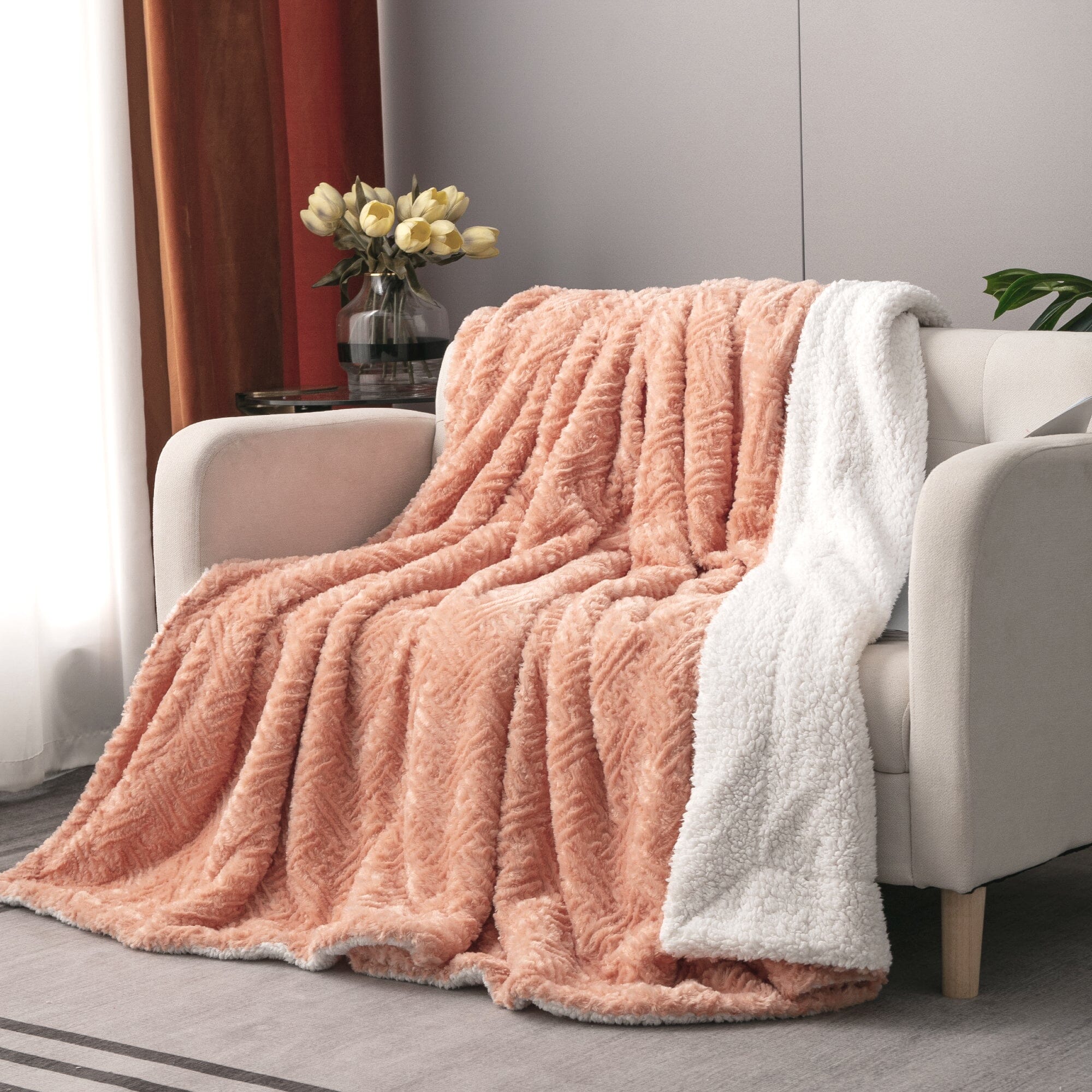  DaDa Bedding Collection DaDa Bedding Coral Peach Rose Faux Fur Throw Blanket - Dreamy Geometric Embossed Sherpa Backside - Super Soft Warm Cozy Plush Fluffy by DaDa Bedding Collection - 90