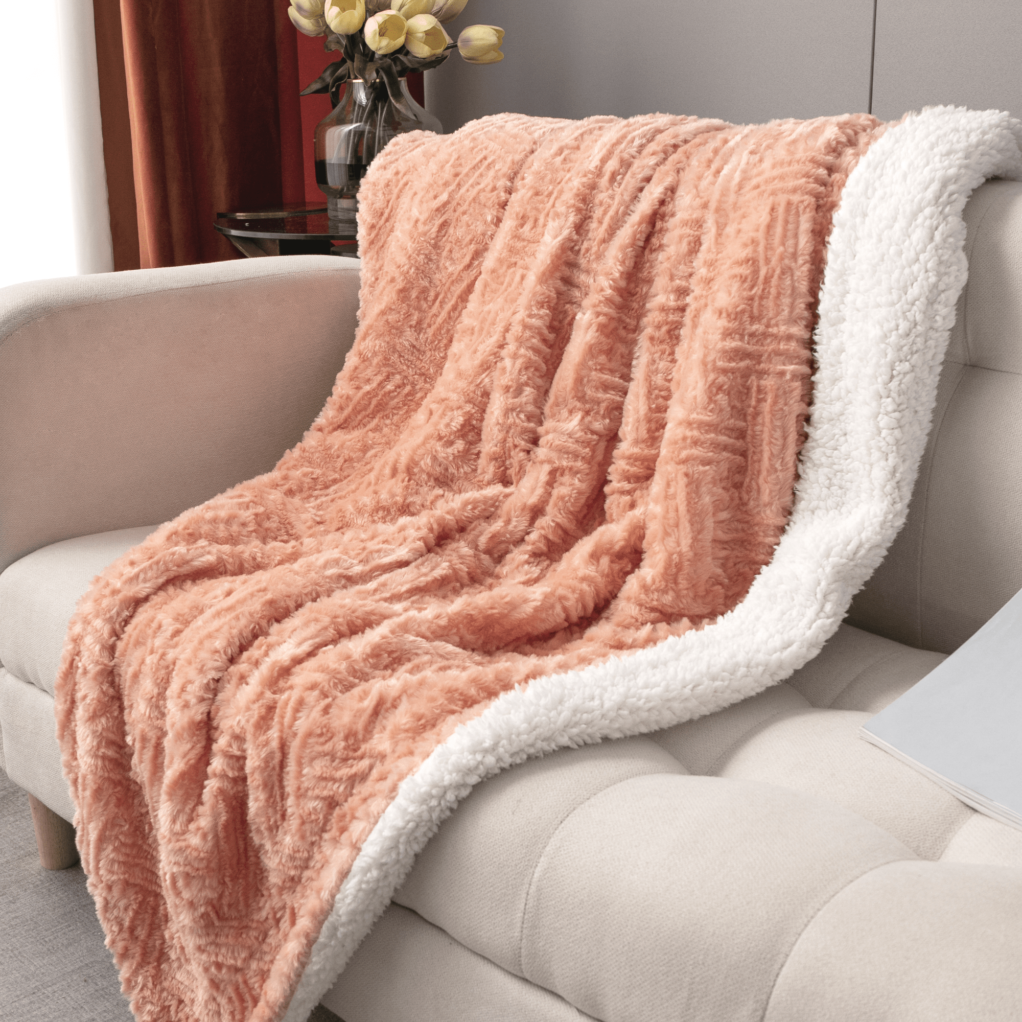  DaDa Bedding Collection DaDa Bedding Coral Peach Rose Faux Fur Throw Blanket - Dreamy Geometric Embossed Sherpa Backside - Super Soft Warm Cozy Plush Fluffy by DaDa Bedding Collection - 90
