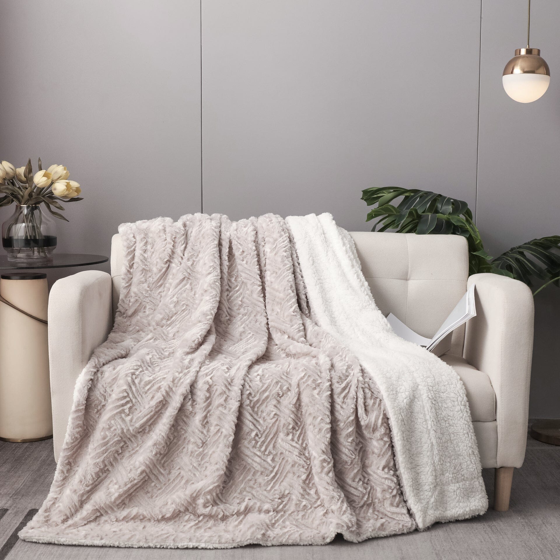  DaDa Bedding Collection DaDalogy Bedding Lavender Grey Faux Fur Throw Blanket - Dreamy Geometric Embossed Sherpa Backside - Super Soft Warm Cozy Plush Fluffy by DaDa Bedding Collection - 90