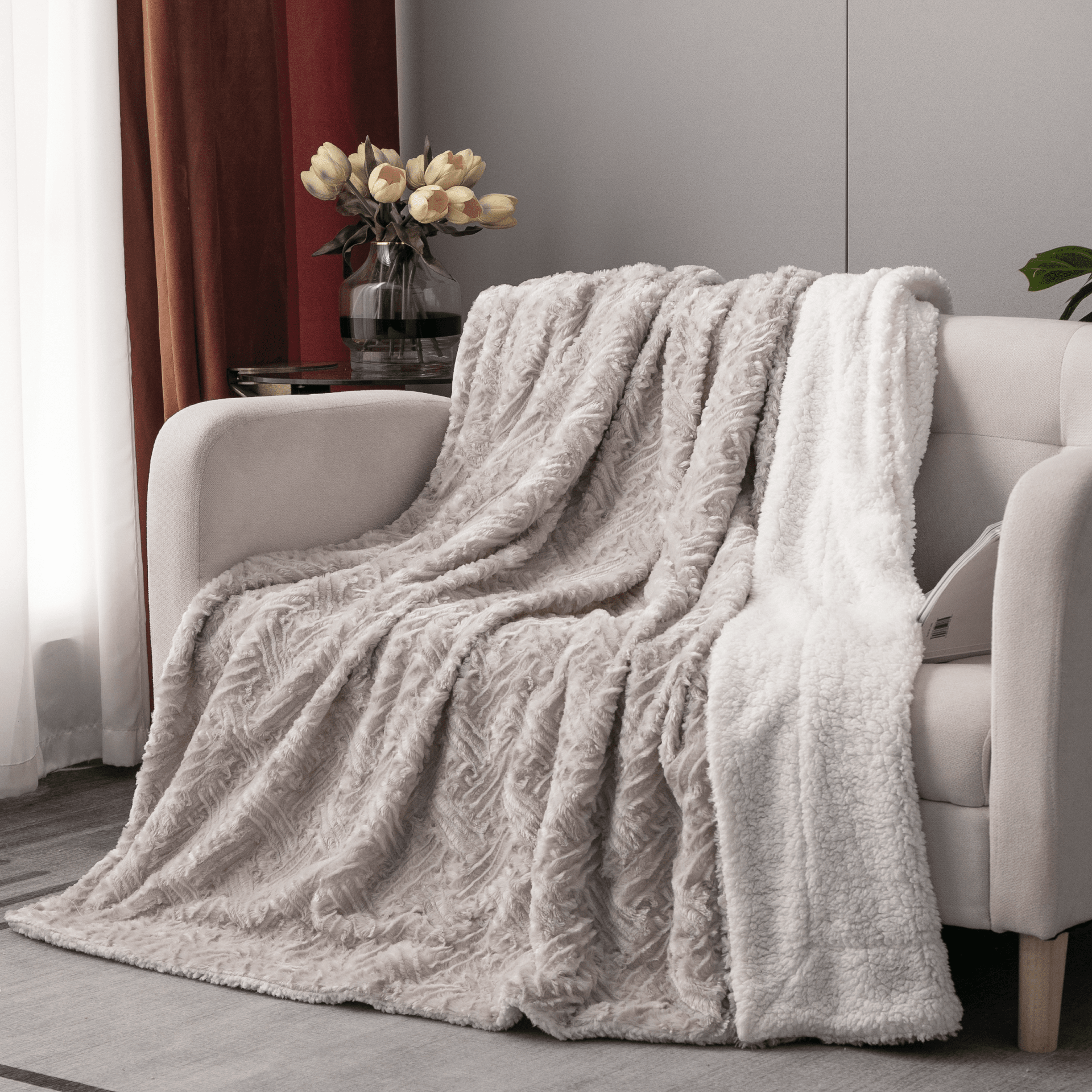  DaDa Bedding Collection DaDalogy Bedding Lavender Grey Faux Fur Throw Blanket - Dreamy Geometric Embossed Sherpa Backside - Super Soft Warm Cozy Plush Fluffy by DaDa Bedding Collection - 90