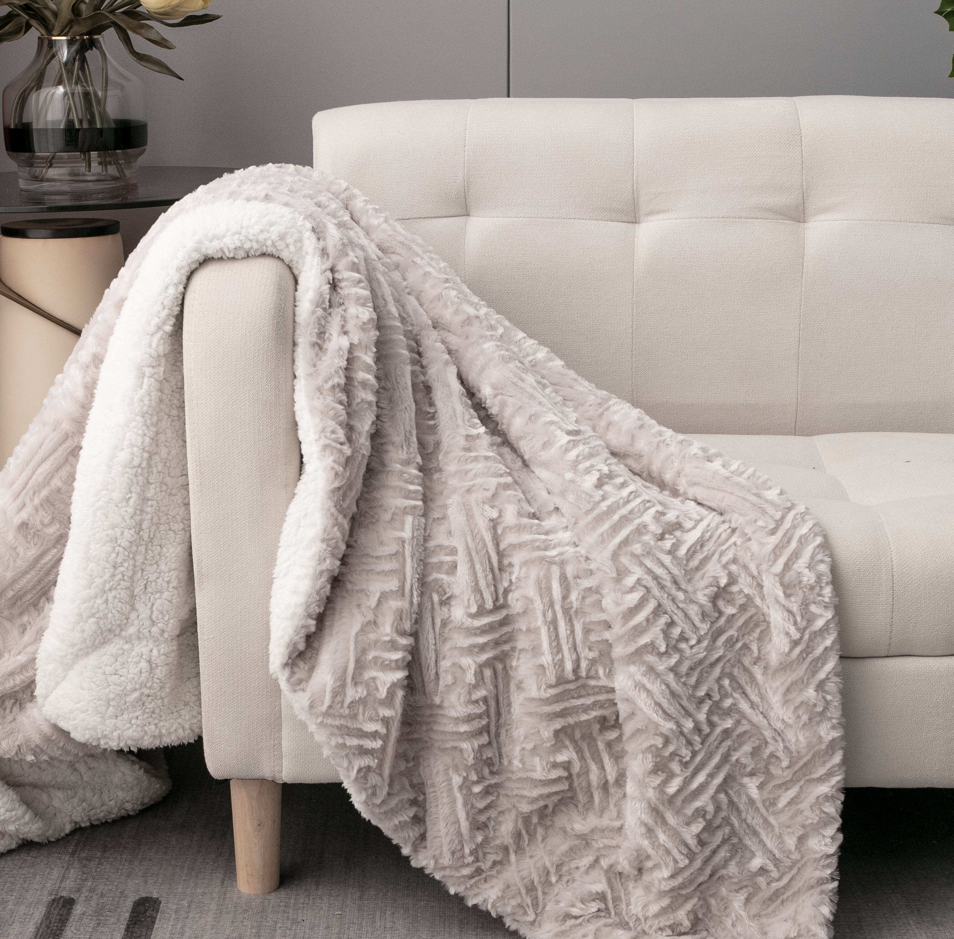  DaDa Bedding Collection DaDalogy Bedding Lavender Grey Faux Fur Throw Blanket - Dreamy Geometric Embossed Sherpa Backside - Super Soft Warm Cozy Plush Fluffy by DaDa Bedding Collection - 90