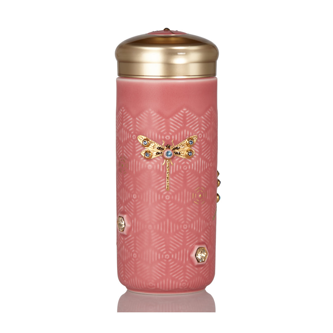  Acera Dragonfly Serenity Travel Mug With Crystals - White and Hand Painted Gold with Crystals - Bonton