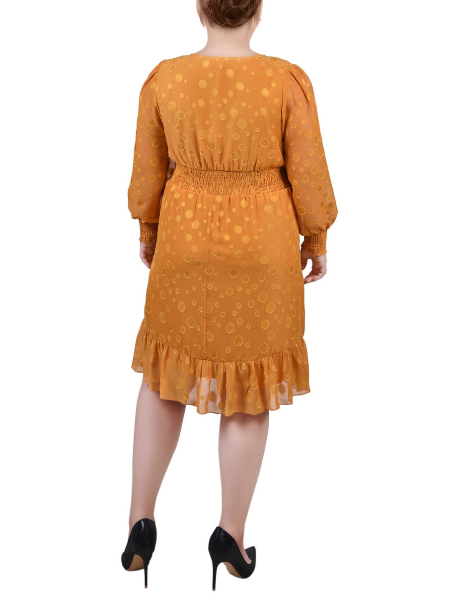  NY Collection Plus Size Long Sleeve Smocked Waist Dress - Mustard Multi Dot - Bonton