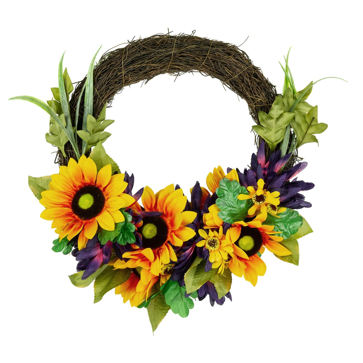  Northlight Sunflower and Mum Twig Autumn Artificial Floral Wreath  20-Inch - Default Title - Bonton