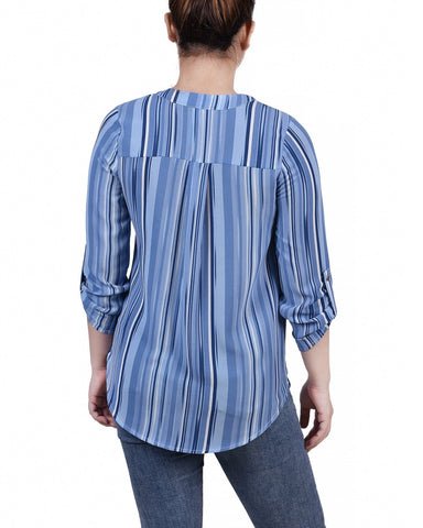 Petite 3/4 Sleeve Mandarin Collar Blouse With Front Pleats