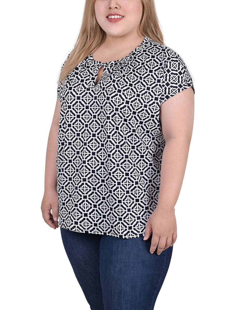  NY Collection Plus Size Extended Sleeve Top With Grommets - Black Blue Taupe Abstract - Bonton