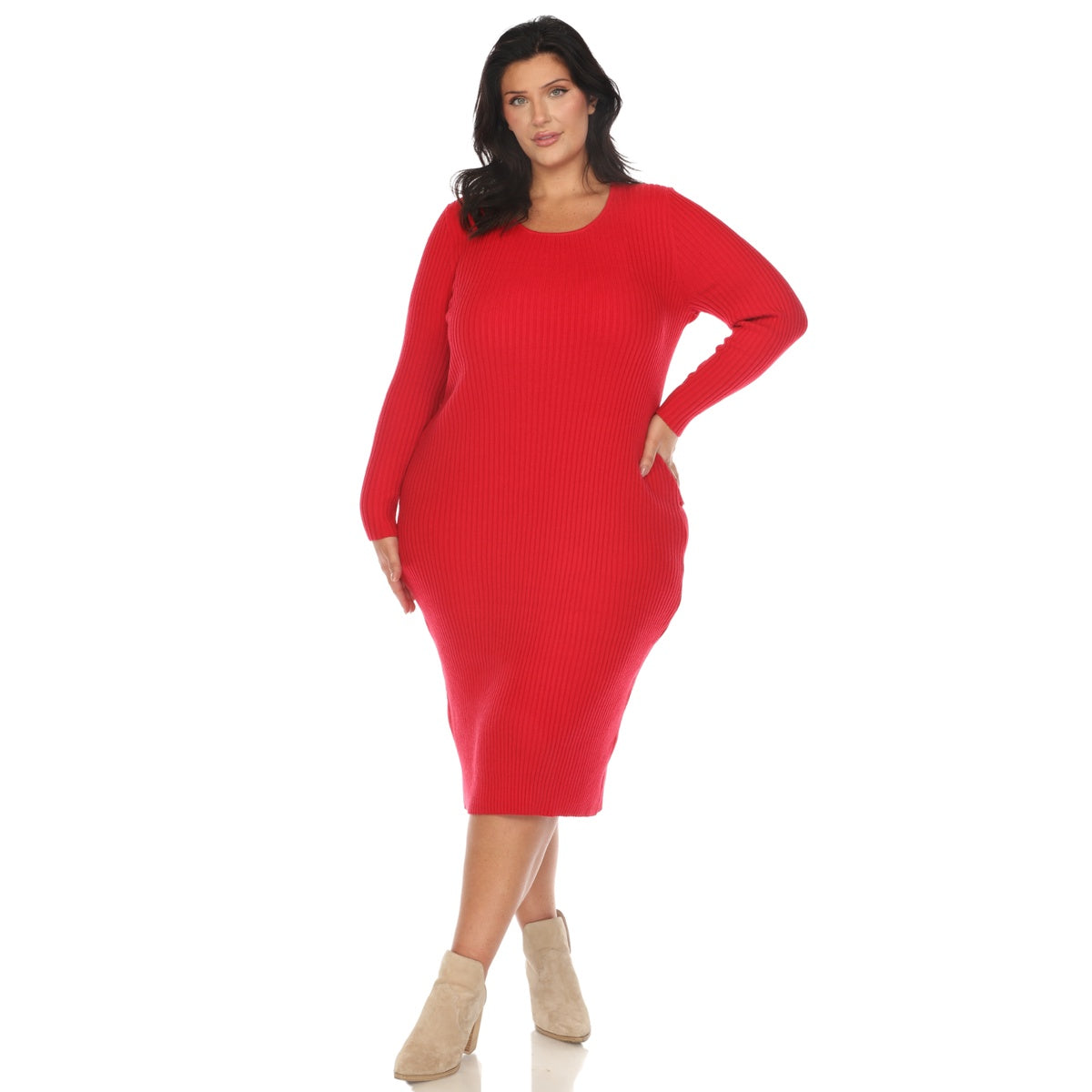  White Mark Plus Size Long Sleeve Rib Midi Sweater Dress - 1X - Bonton