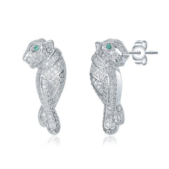 White Gold Plated With Emerald & Cubic Zirconia Walking Panther Earrings