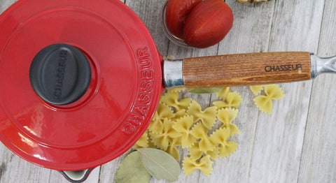 French Enameled Cast Iron Saucepan, Lid & Wood Handle, 1.3-Quart, Red