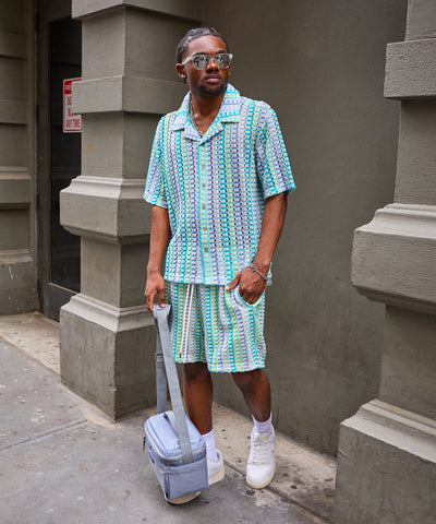 Textured Knit Short Sleeve Button Down Shirt - Light Blue