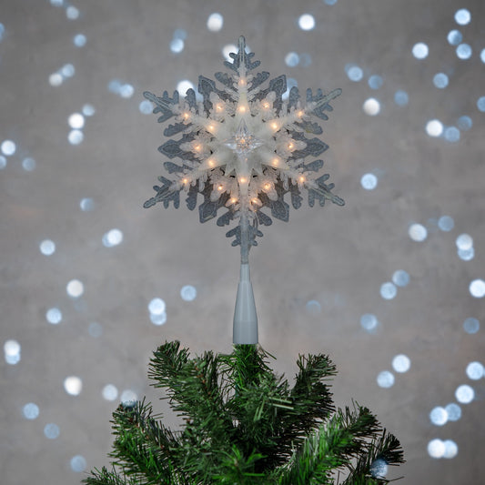 10" Lighted White Frosted 3-D Snowflake Christmas Tree Topper - Clear Lights