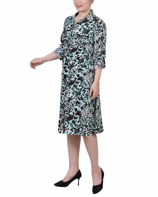 Petite 3/4 Roll Tab Sleeve Belted Shirtdress