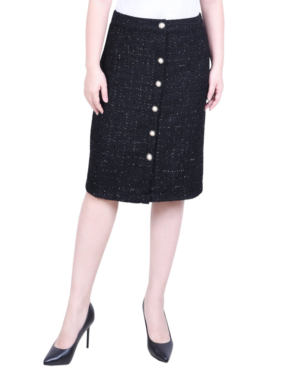  NY Collection Petite Knee Length Slim Tweed Knit Skirt - Black Ivory Plaid - Bonton