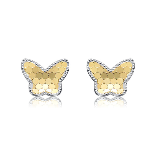 Two-Tone Milgrain Medallion Butterfly Stud Earrings, White Gold Plated or 14K Gold Plated