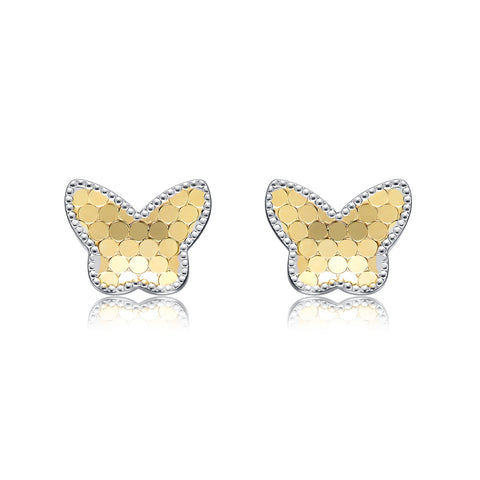 Two-Tone Milgrain Medallion Butterfly Stud Earrings, White Gold Plated or 14K Gold Plated