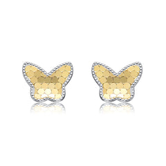 Two-Tone Milgrain Medallion Butterfly Stud Earrings, White Gold Plated or 14K Gold Plated