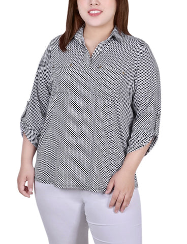 Plus Size 3/4 Roll Tab Sleeve Studded Y Neck Top