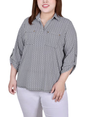 Plus Size 3/4 Roll Tab Sleeve Studded Y Neck Top