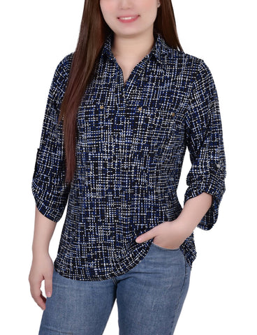 Petite 3/4 Roll Tab Sleeve Studded Y Neck Top