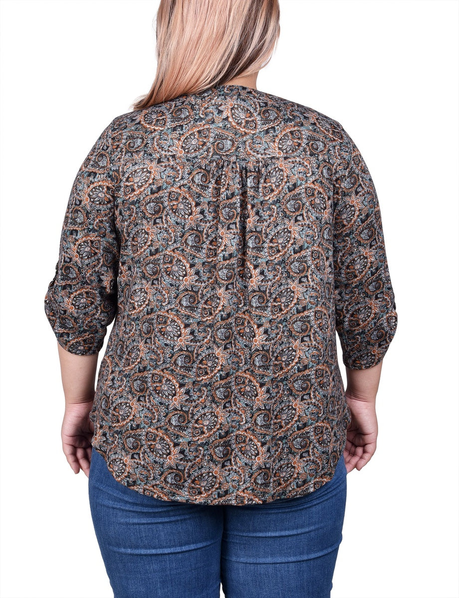  NY Collection Plus Size 3/4 Roll Sleeve Top - Black Grey Animal - Bonton