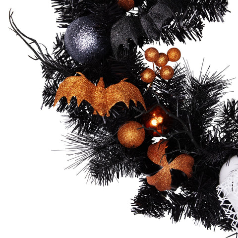 Ornaments and Ghost Halloween Twig Pine Wreath - 24" - Orange and Black - Unlit