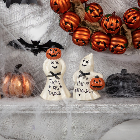 Ghost and Pumpkin "Happy Halloween" and "Trick or Treat" Figurines - 7.75" - Set of 2