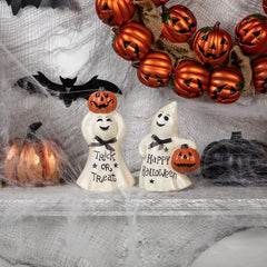 Ghost and Pumpkin "Happy Halloween" and "Trick or Treat" Figurines - 7.75" - Set of 2