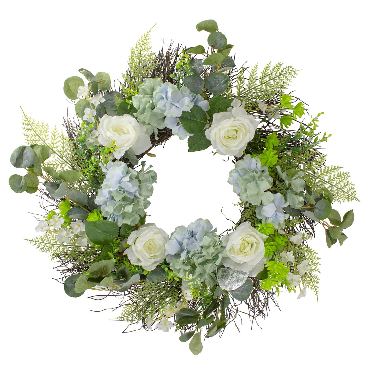  Northlight Hydrangea  Rose and Geranium Artificial Floral Spring Wreath  White and Blue - 24-Inch - Default Title - Bonton