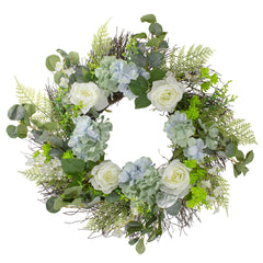 Hydrangea  Rose and Geranium Artificial Floral Spring Wreath  White and Blue - 24-Inch