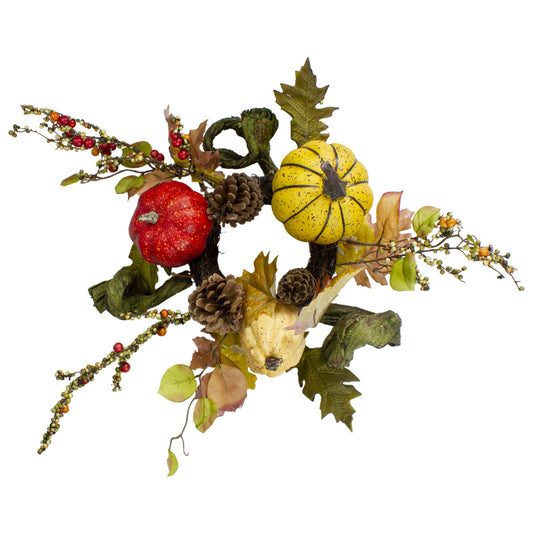 Pumpkin  Berries  Foliage and Pine Cone Fall Harvest Wreath - 13 Inch  Unlit