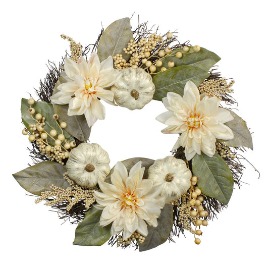 Dahlia and Pumpkin Fall Artificial Floral Wreath  22-Inch