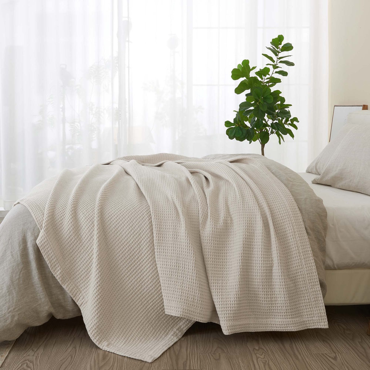 Patina Vie Maison Patina Vie Maison 100% Cotton All-Season Waffle Weave Knit Throw Blanket - Full / Queen - Bonton
