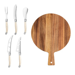 Laguiole 6-Piece Ivory Artisan Cheese Knife Set and Round Wood Board