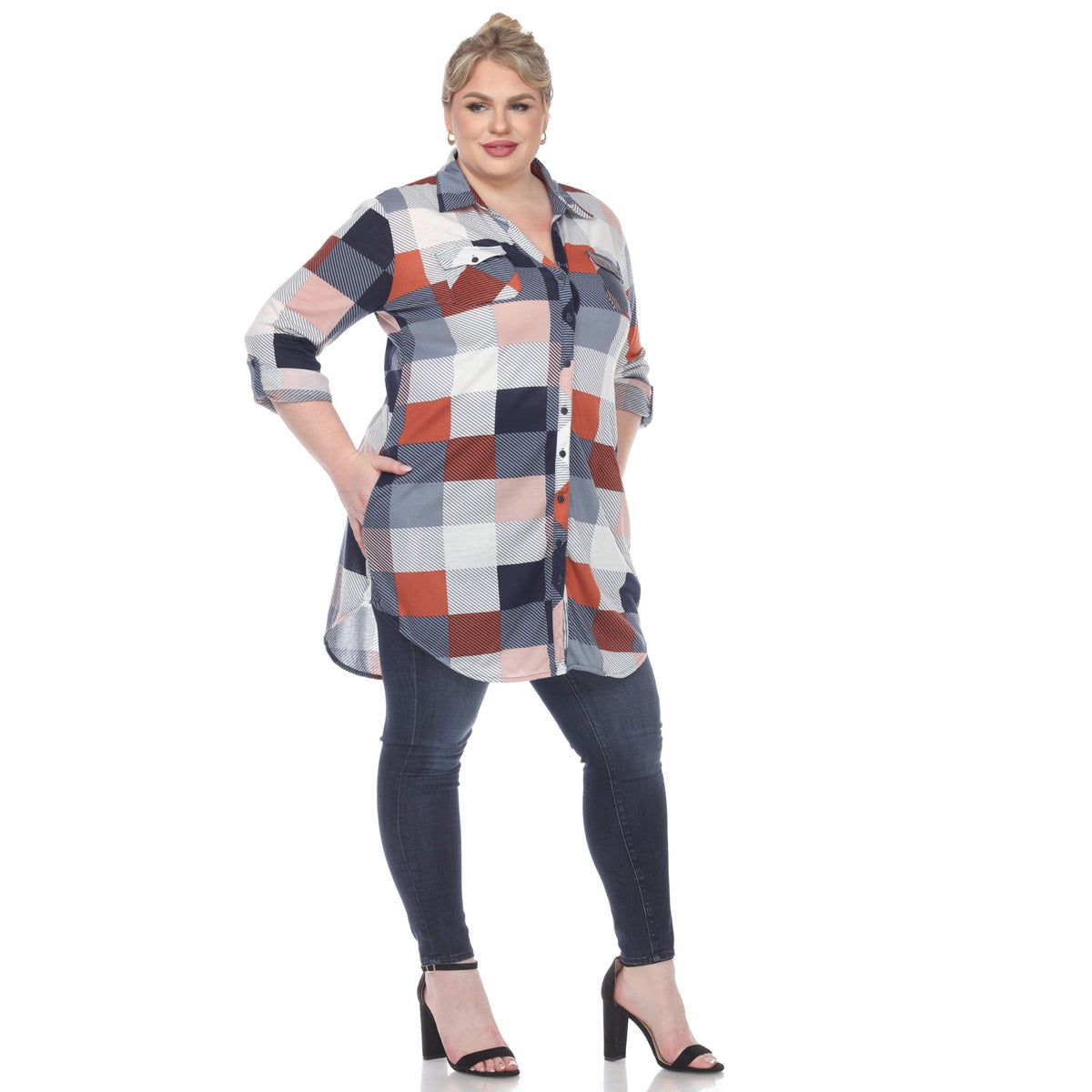  White Mark Plus Size Plaid Button Down Tunic Shirt - 1X - Bonton