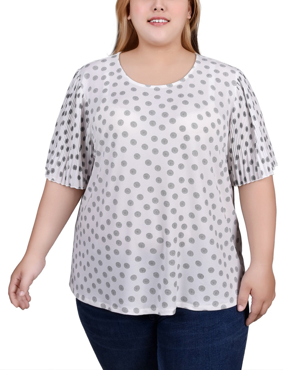  NY Collection Plus Size Pleated-Sleeve Top - White Black Dotcircles - Bonton